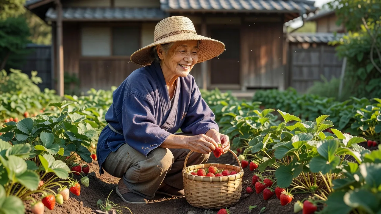 いちごを収穫するご年配の女性