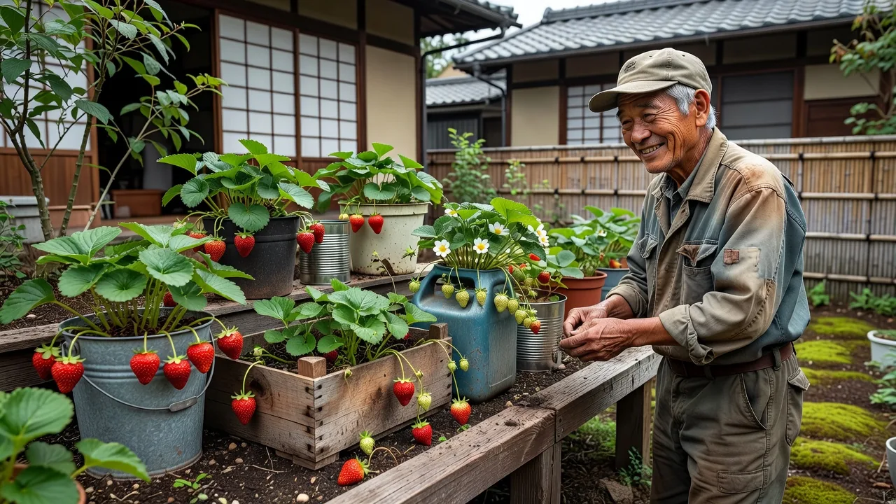 リサイクル容器でいちごを育てる庭の様子