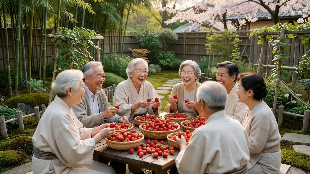 収穫したいちごを分かち合うご友人たち